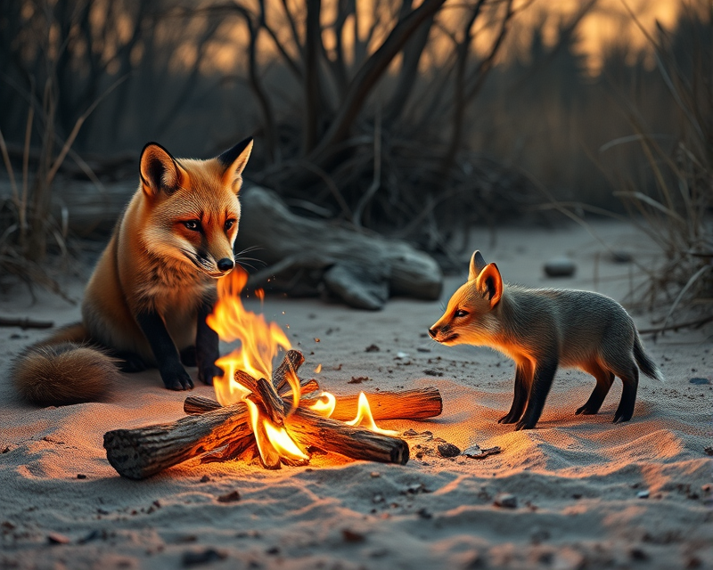 campfire, fox, sand, piglet