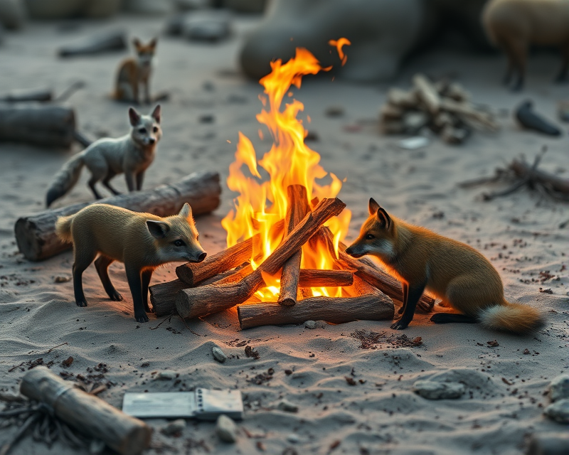 campfire, piglet, fox, sand