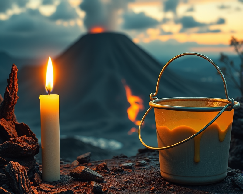 candle, volcano, bucket