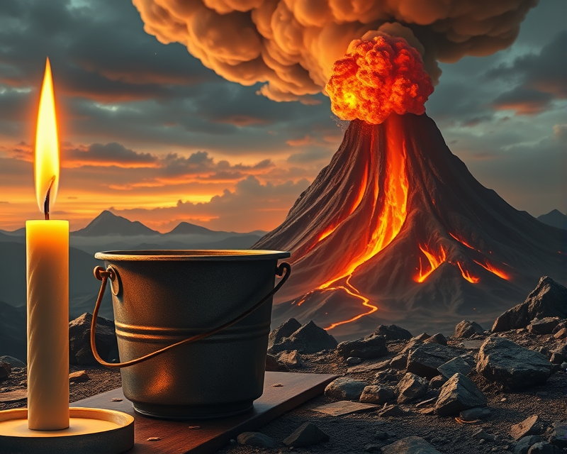 candle, volcano, bucket