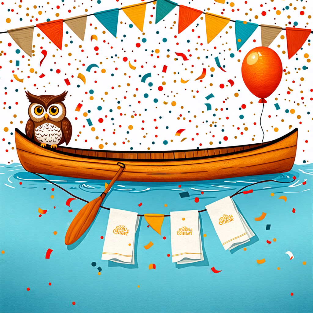 canoe, napkin, confetti, owl, balloon