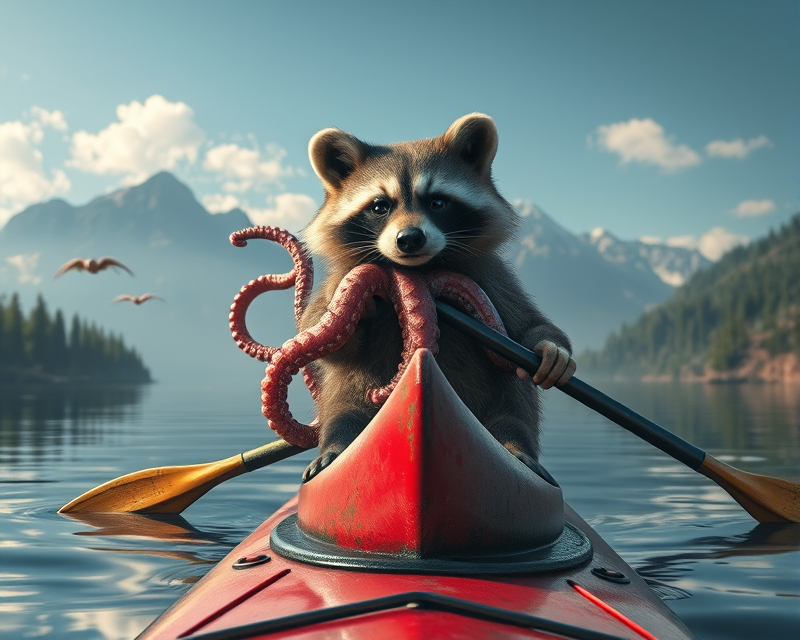 canoe, raccoon, octopus, mountain, microphone