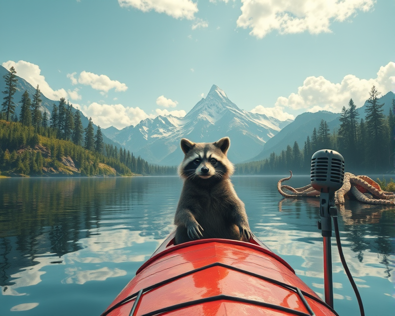 canoe, raccoon, octopus, mountain, microphone