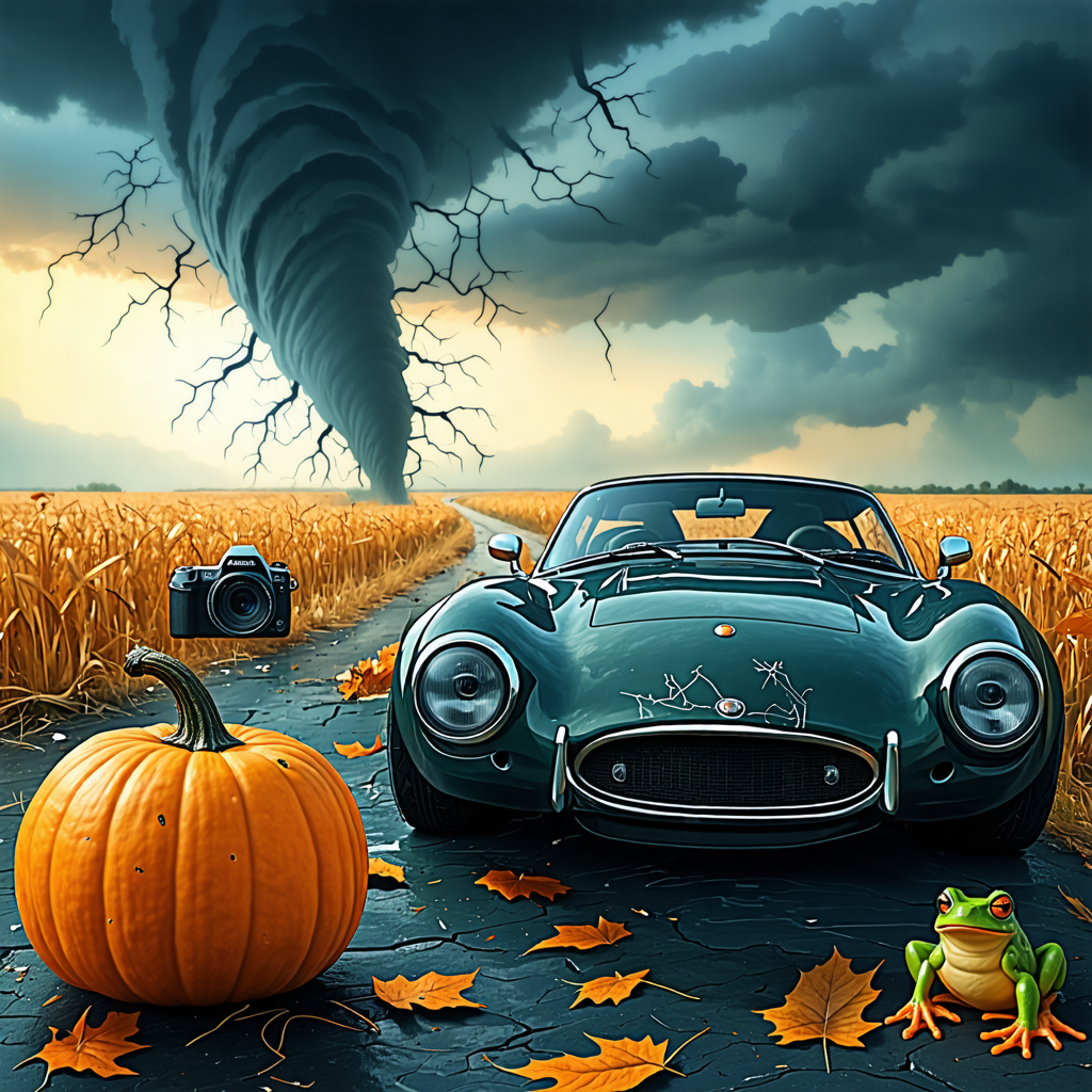 car, camera, tornado, pumpkin, frog