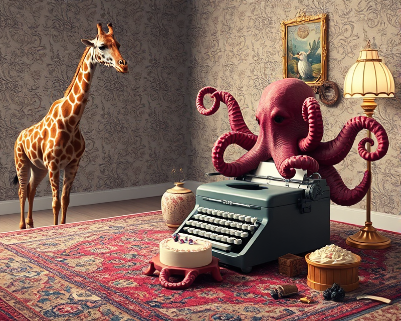 carpet, giraffe, typewriter, octopus, cake