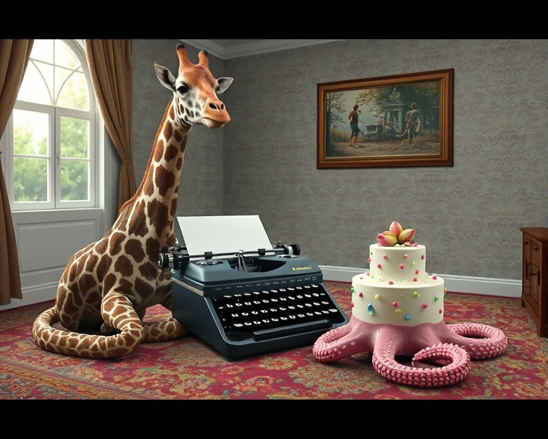 carpet, giraffe, typewriter, octopus, cake