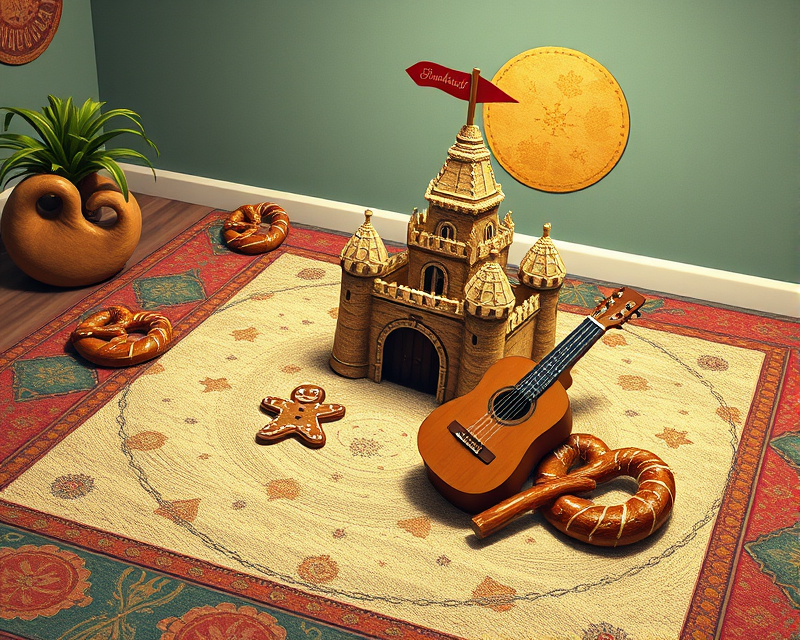 carpet, tattoo, napkin, circle, sandcastle, guitar, bear, pretzel, gingerbread, pepperoni