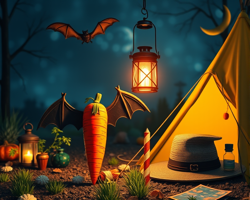 carrot, bat, lantern, hat, tent