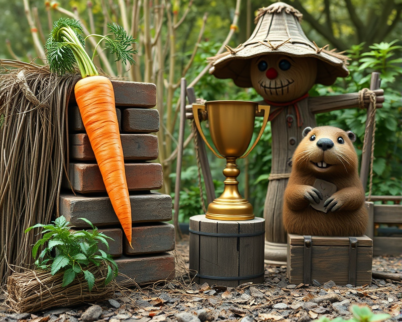 carrot, brick, trophy, beaver, scarecrow