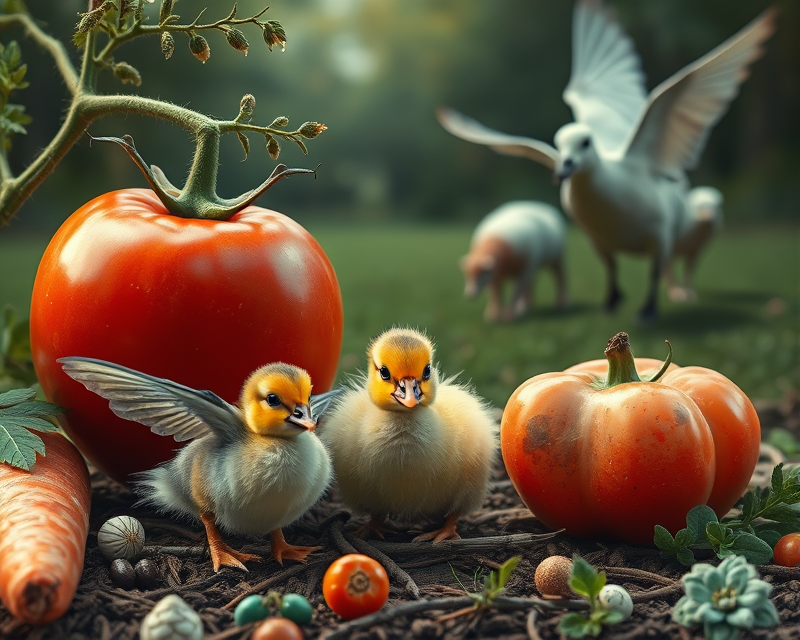 carrot, tomato, moth, duckling, cow, dove