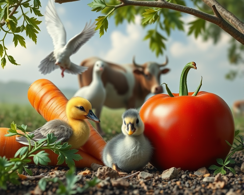 carrot, tomato, moth, duckling, cow, dove