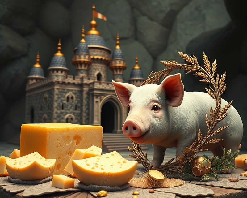 castle, cheese, pig, gold, wreath