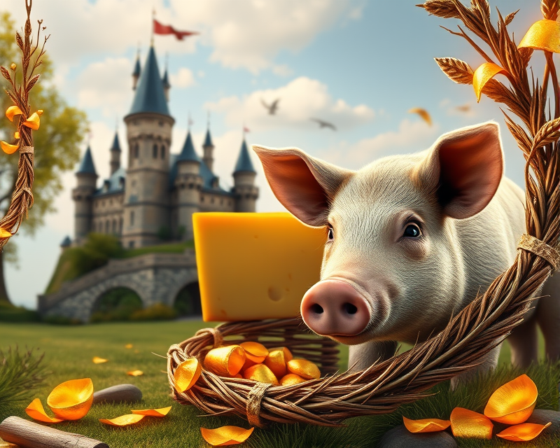 castle, cheese, pig, gold, wreath