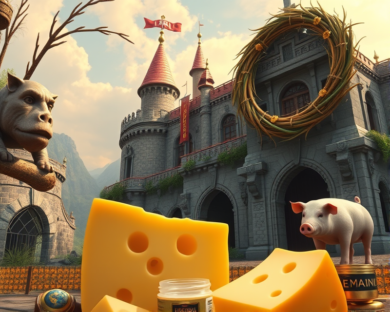 castle, gold, pig, cheese, wreath