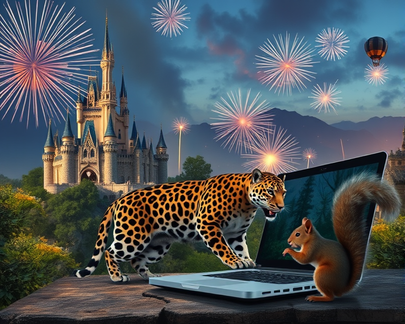 castle, jaguar, laptop, fireworks, squirrel