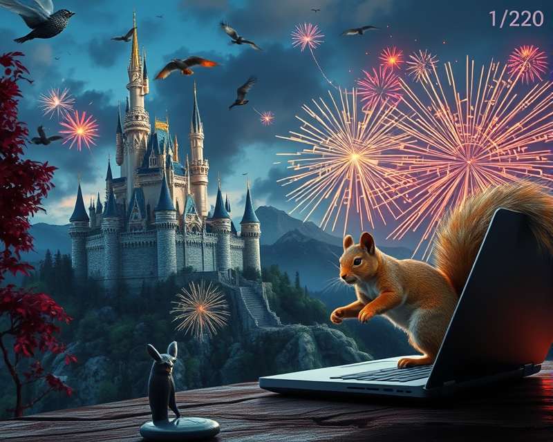 castle, jaguar, squirrel, laptop, fireworks