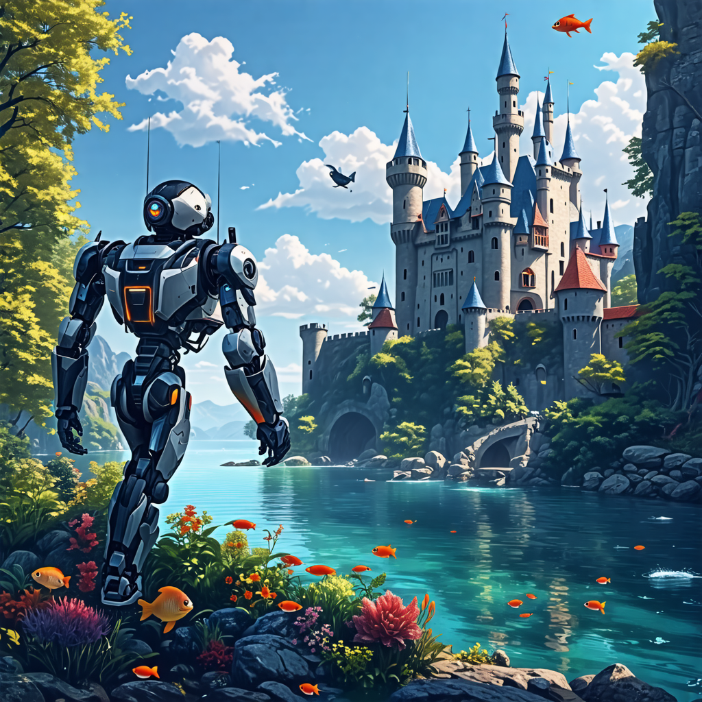 castle, robot, fish