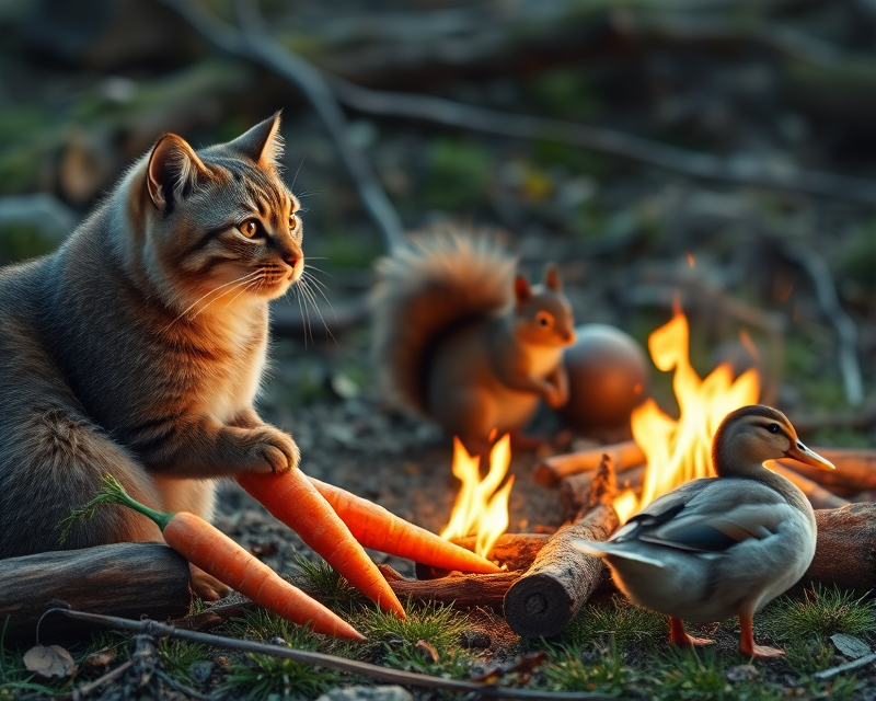 cat, carrot, squirrel, duck, campfire