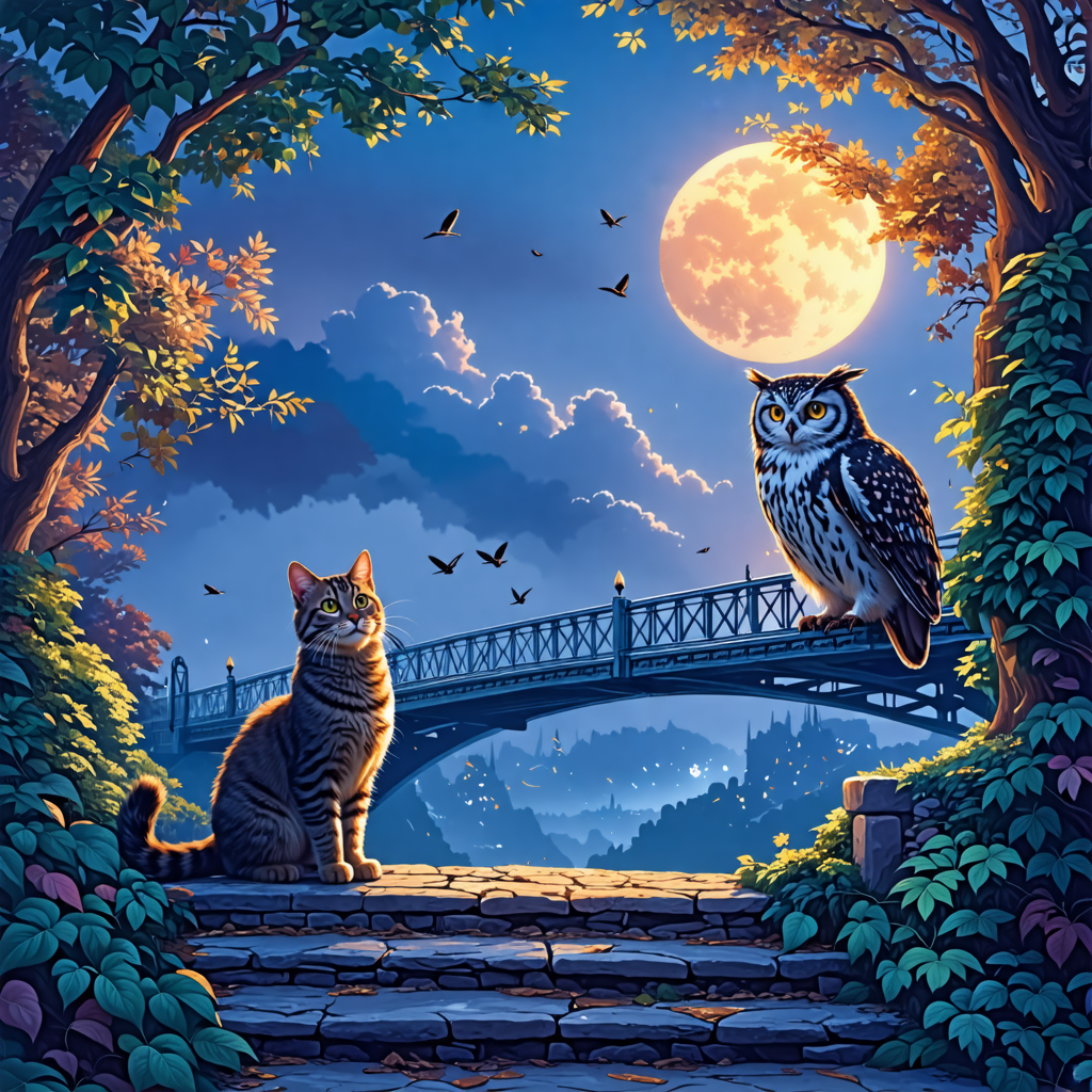 cat, owl, bridge