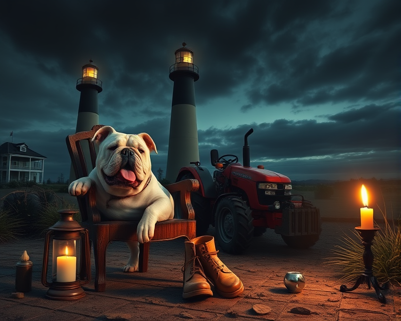 chair, bulldog, lighthouse, cup, lantern, boot, tractor, necklace, zombie, candle