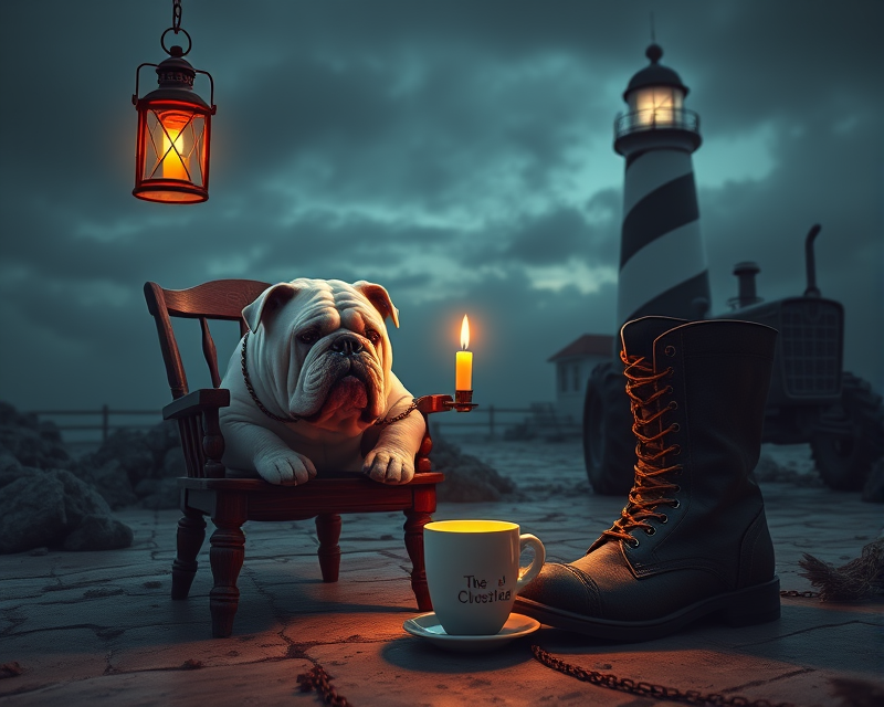 chair, bulldog, lighthouse, cup, lantern, boot, tractor, necklace, zombie, candle