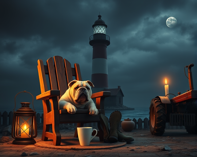 chair, bulldog, lighthouse, cup, lantern, boot, tractor, necklace, zombie, candle