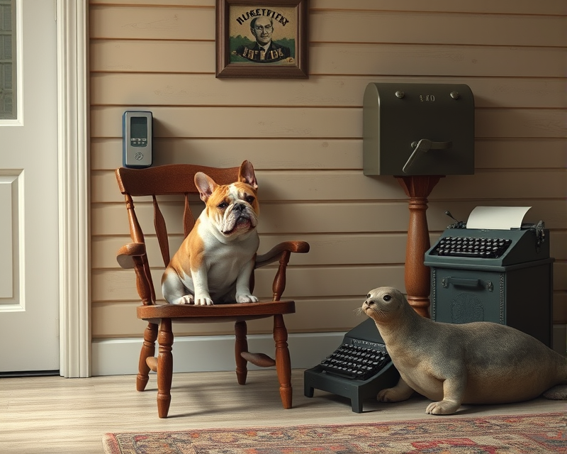 chair, bulldog, mailbox, typewriter, seal