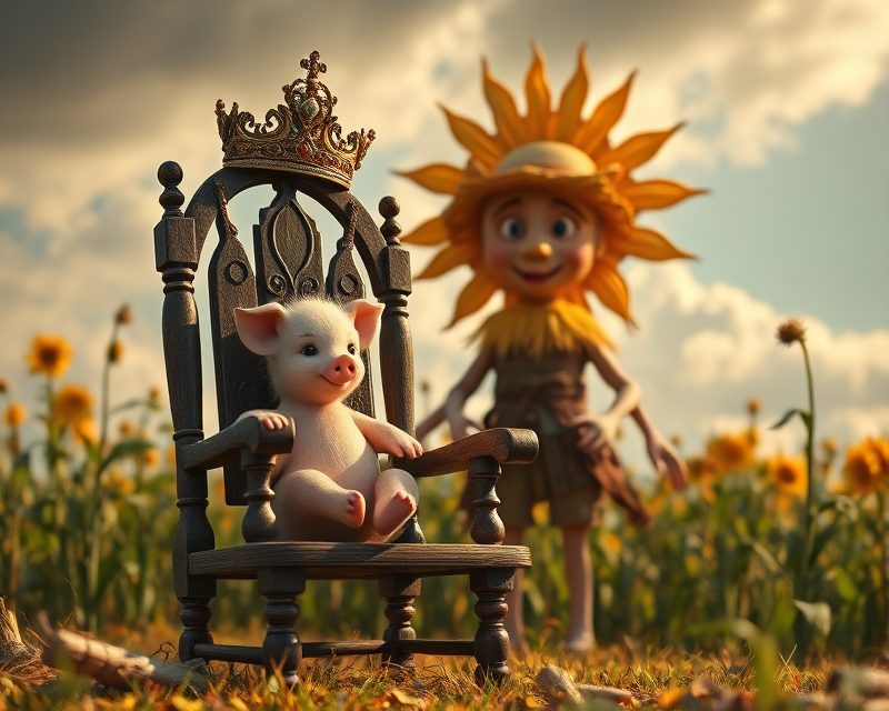 chair, crown, piglet, sun, scarecrow