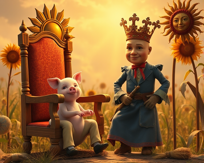 chair, crown, piglet, sun, scarecrow