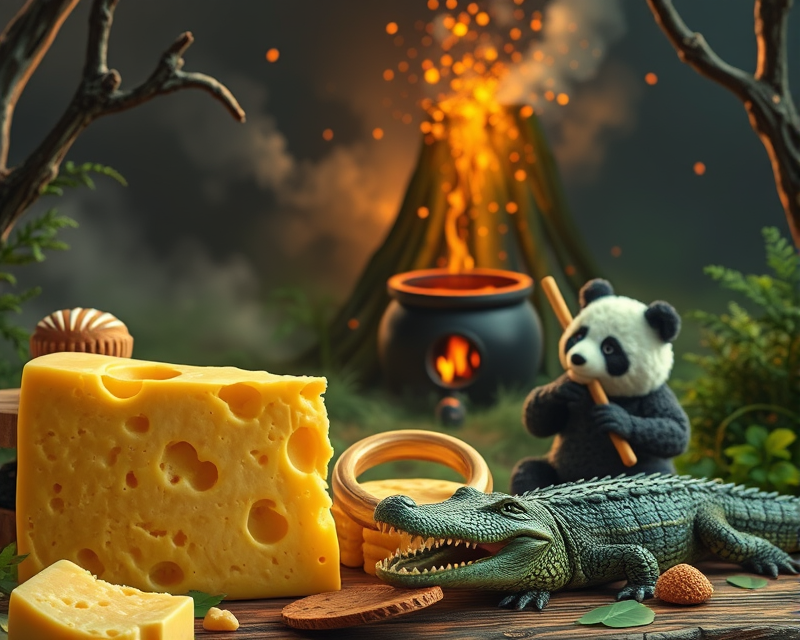 cheese, ring, muffin, alligator, panda, cauldron, volcano