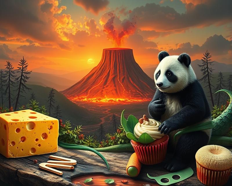 cheese, ring, volcano, muffin, panda, alligator