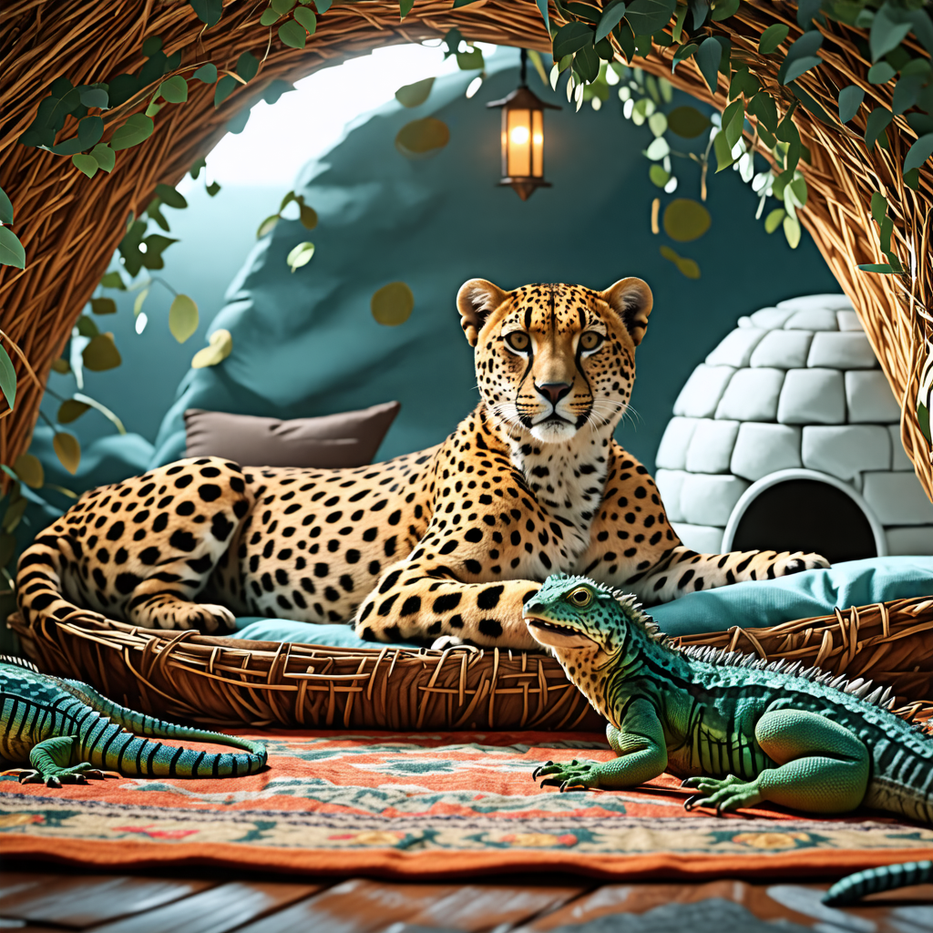 cheetah, igloo, bed, lizard