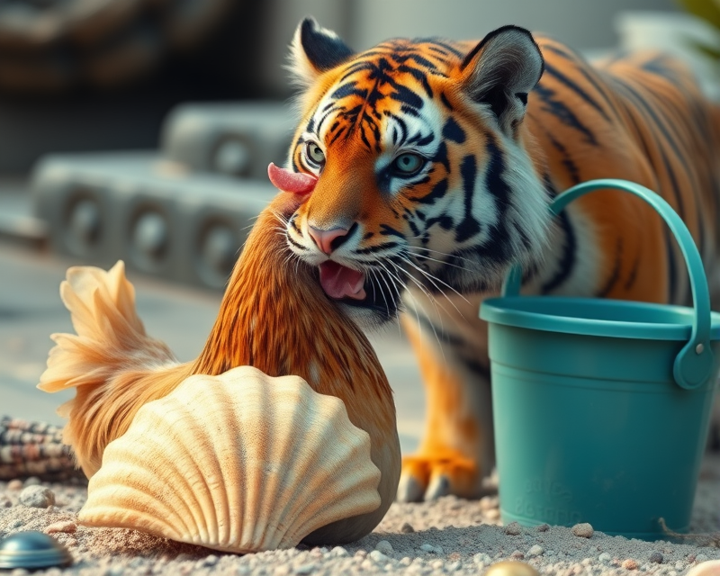 chicken, button, tiger, bucket, seashell