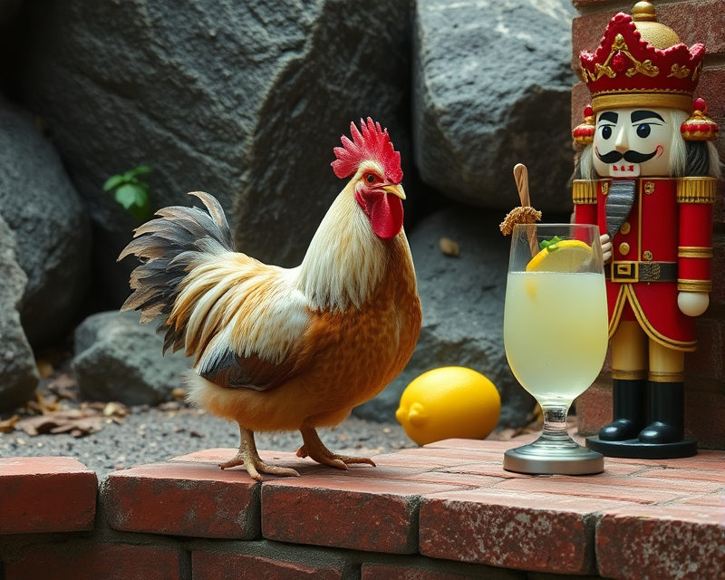 chicken, rock, brick, lemonade, nutcracker