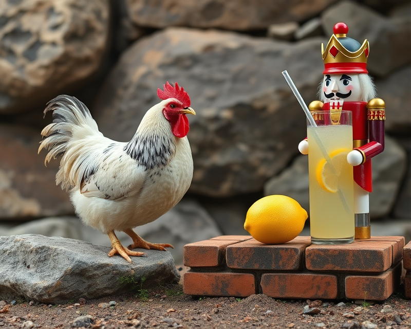 chicken, rock, brick, lemonade, nutcracker