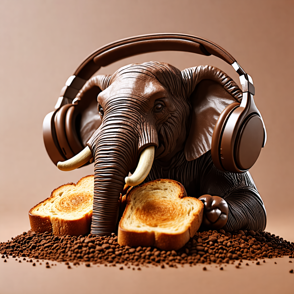 chocolate, toast, elephant, lion, headphones