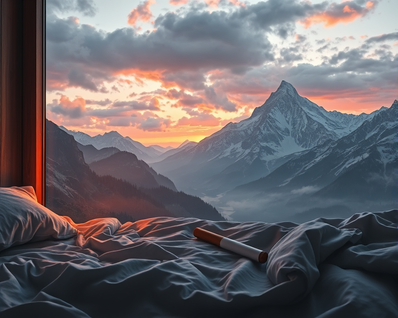 cigarette, mountain, bed