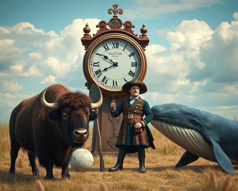 clock, bison, ball, whale, costume