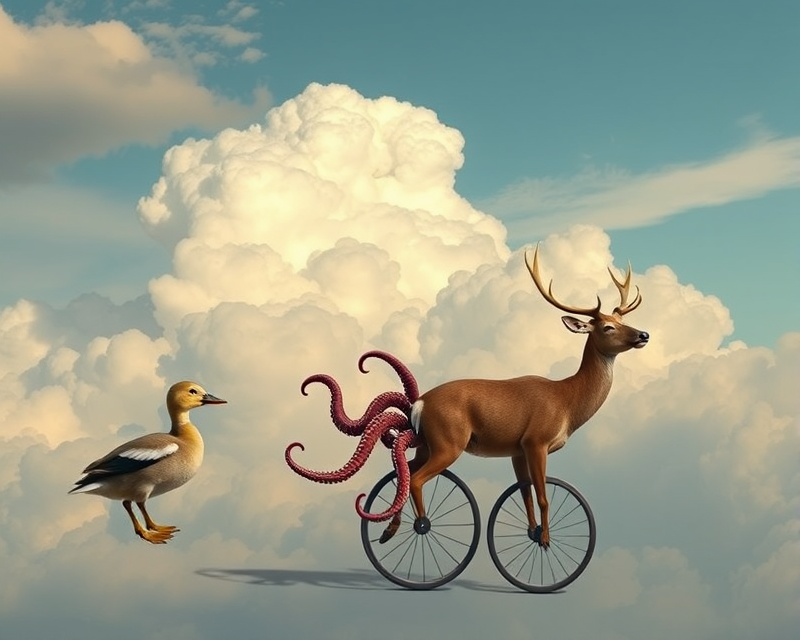 cloud, duckling, octopus, deer, unicycle