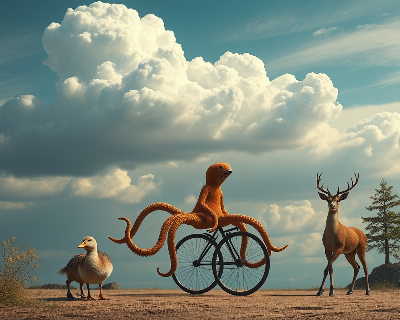 cloud, octopus, duckling, deer, unicycle