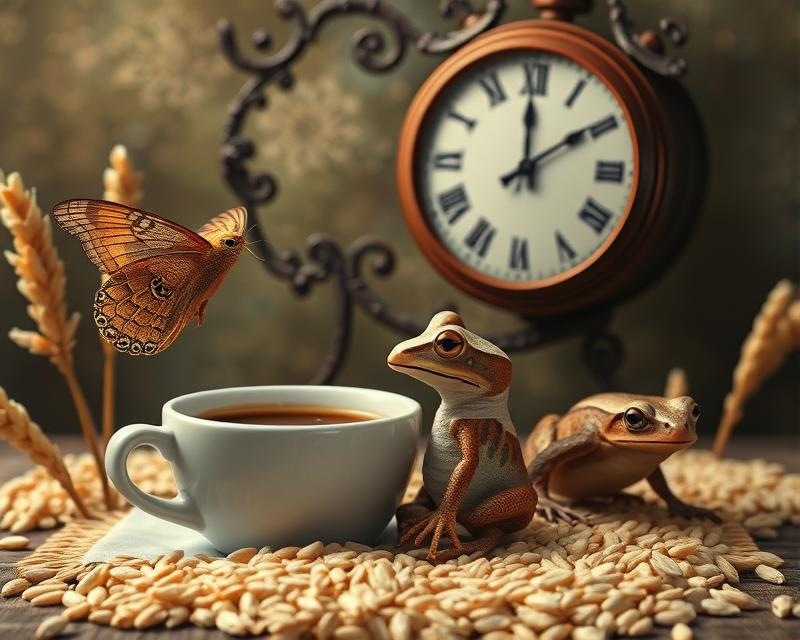 coffee, moth, frog, clock, rice