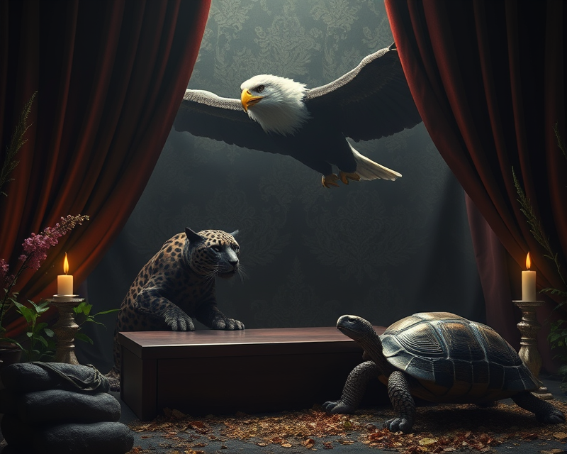 coffin, panther, eagle, tortoise, curtain