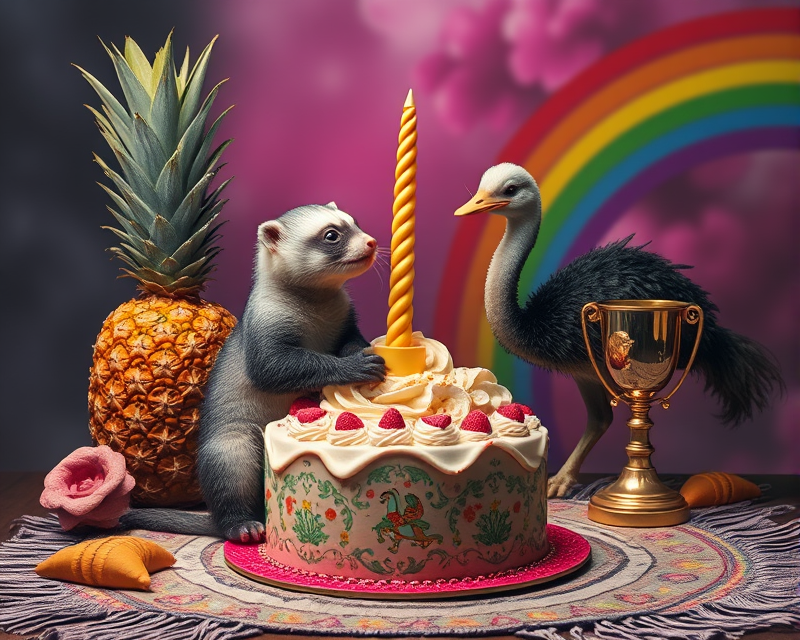 cone, pineapple, cake, ferret, monkey, unicorn, rug, tattoo, trophy, ostrich, rainbow