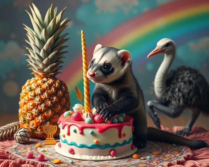 cone, pineapple, cake, ferret, monkey, unicorn, rug, tattoo, trophy, ostrich, rainbow