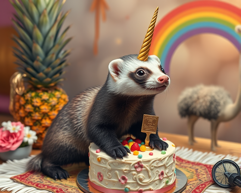 cone, pineapple, cake, ferret, monkey, unicorn, rug, tattoo, trophy, ostrich, rainbow