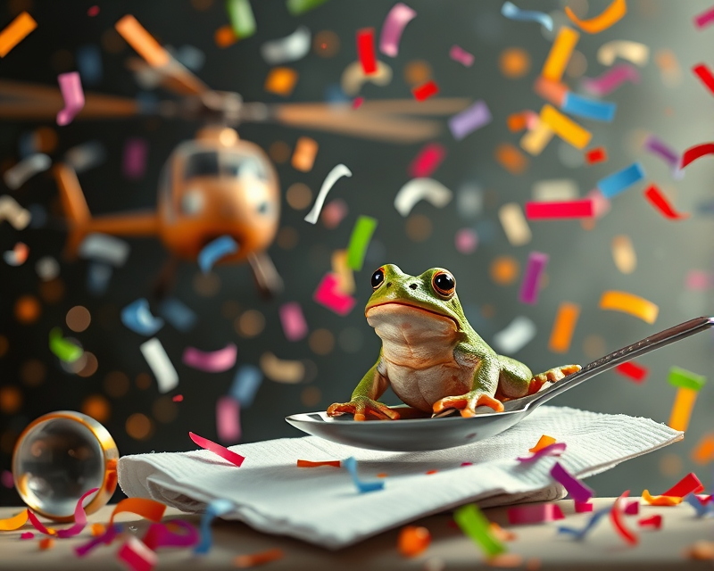 confetti, helicopter, frog, napkin, spoon