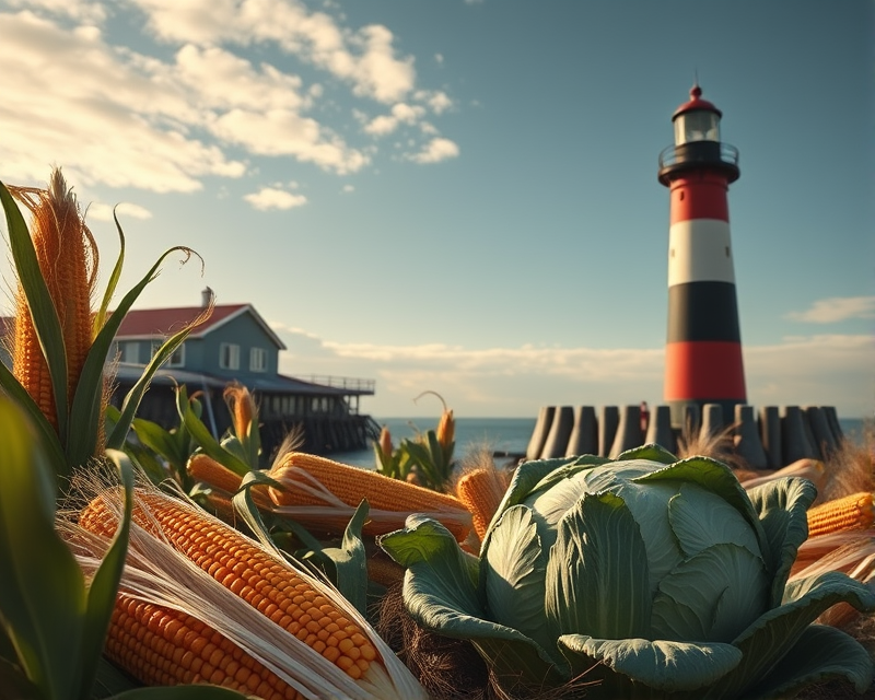 corn, cabbage, lighthouse