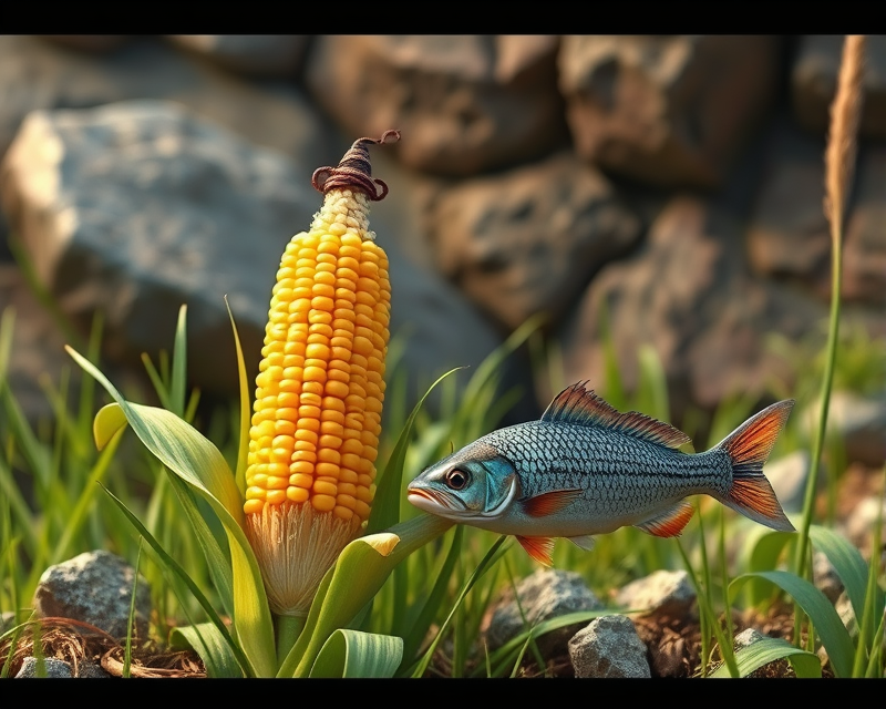 corn, rock, grass, bandana, fish