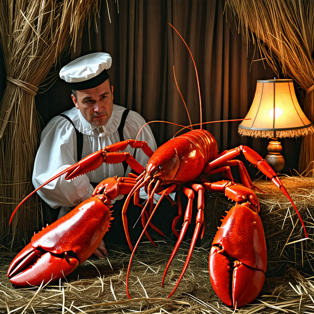 costume, lobster, curtain, hay, lamp