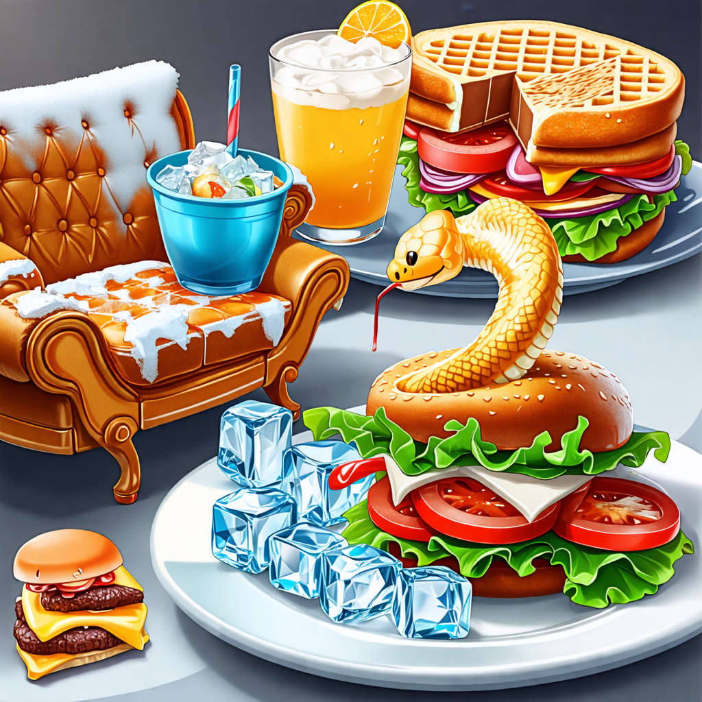 couch, sandwich, waffle, ice, snake